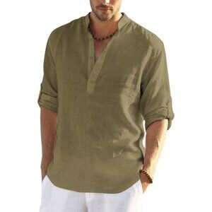 Men's Army Green Cotton Linen Henley Shirt Long Sleeve Casual Beach T Shirts